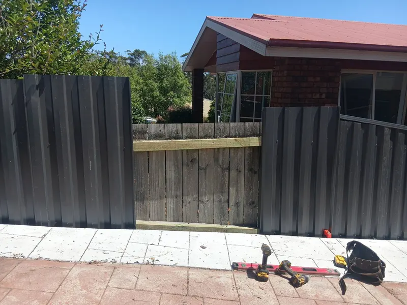 Colorbond fence with a gate opening in front of a brick house